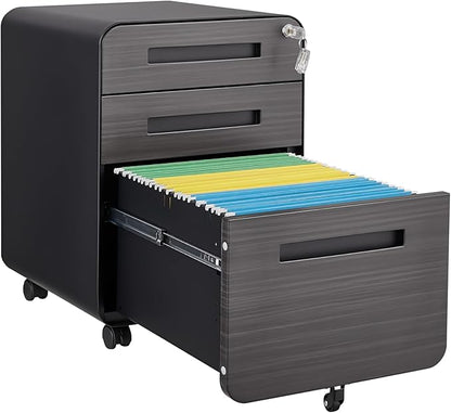 3 Drawer Mobile Desk Office with Lock and Wheels,Versatile Storage Cabinets w/Anti-Tilting Cold Rolled Steel Waterproof Moisture-Proof,for Legal/Letter/A4 Files,Dark Brown - LeafyLoom