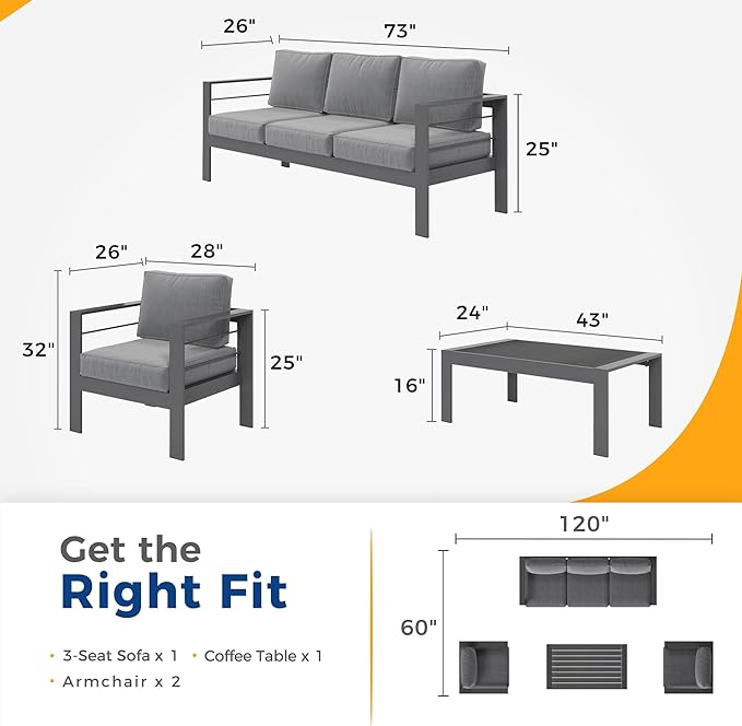 Wisteria Lane Aluminum Outdoor Patio Furniture Set, Modern Patio Conversation Sets, Outdoor Sectional Metal Sofa with 5 Inch Cushion and Coffee Table for Balcony, Garden, Dark Grey - LeafyLoom