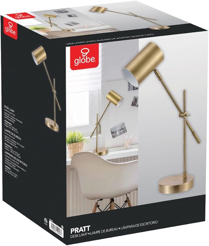 Globe Electric 52098 Pratt 20" Desk/Table Lamp, Matte Brass Finish, Adjustable Height, Balance Arm, in-Line Rocker On/Off Switch - LeafyLoom