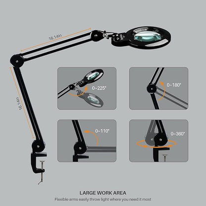 Bifocals Magnifying Desk Lamp with Clamp, 5 Diopter with 20 Diopter, 6 Inch Detachable Lens and 120PCS LEDs, 3 Color Modes 1200 Lumens Swivel Arm Magnifying Lamp with Light for Crafts - LeafyLoom