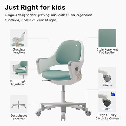 SIDIZ ringo Kids Desk Chair : Ergonomic Kids Chair with Footrest, 4-Step Growing Function, Adjustable Seat Height, Sit-Locking Casters, Swivel Type Kids Chair (Mint Green Chair) - LeafyLoom