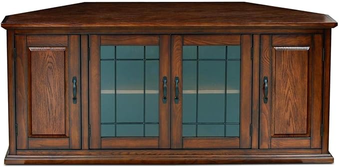 Leick Home Leaded Glass Corner Stand with Enclosed Storage for 60" TV's, Burnished Oak - LeafyLoom