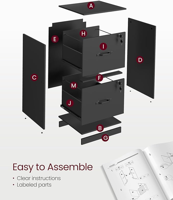 VASAGLE 2-Drawer Vertical File Cabinet, Filing Cabinet for Home Office, Printer Stand, with 2 Lockable Drawers, Adjustable Hanging Rail, for A4 and Letter-Size Files, Ink Black UOFC061B16 - LeafyLoom