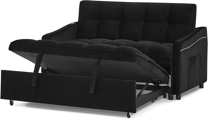 Tufted Convertible Futon Loveseat Pull Out Couch Bed 3 in 1 Velvet Upholstered Sleeper Sofa Recliner Love Seat Lounge Chaise Daybed with Adjustable Backrest Type C and USB Charging for Living Room - LeafyLoom