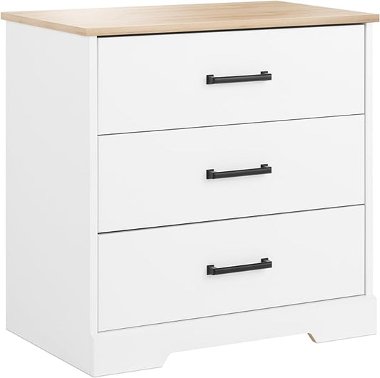 Prepac Three Drawer Nightstand, 16.25" D x 27.5" W x 26.75" H, White & Oak - LeafyLoom