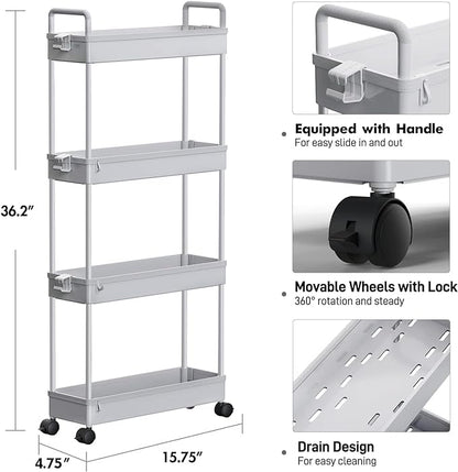 SOLEJAZZ Slim Storage Cart, 4 Tier Bathroom Organizer Mobile Shelving Unit, Rolling Utility Cart Slide Out Organizer for Kitchen, Bathroom, Laundry, Narrow Places, Gray - LeafyLoom