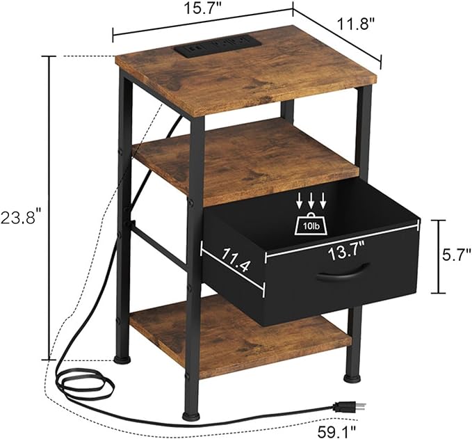 Fixwal Night Stand with Charging Station, Adjustable Bed Side Table with Fabric Drawer, Farmhouse End Table Bedroom, Bedside Table with Storage, Rustic Brown - LeafyLoom