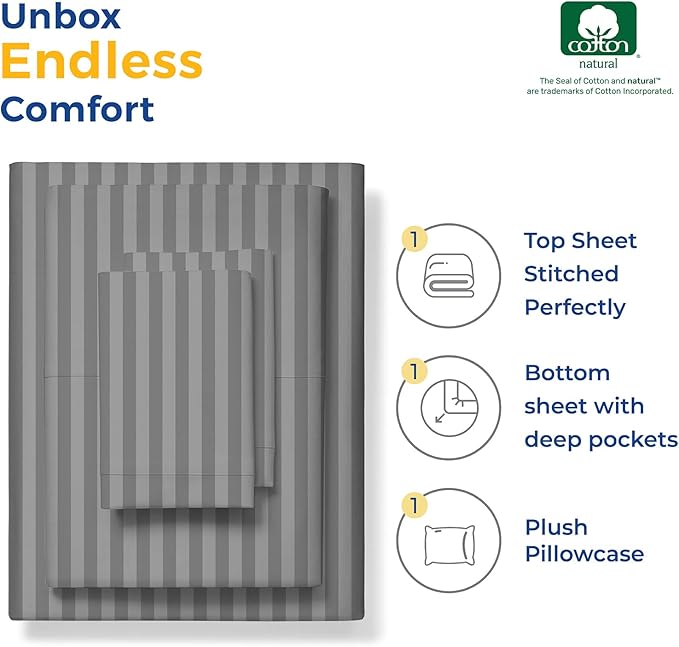 THREAD SPREAD Striped Egyptian Cotton Sheets Twin XL Size - 600 Thread Count 3 PC Damask Twin XL Sheets Deep Pockets, Sateen Weave College Dorm Bedding Twin XL, Fits Mattress upto 18" - Dark Grey - LeafyLoom