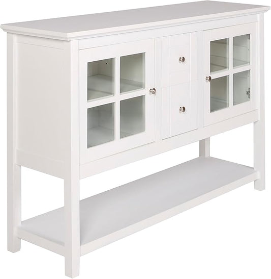 Walker Edison Charlotte Classic Glass Door Storage Buffet, 52 Inch, White - LeafyLoom