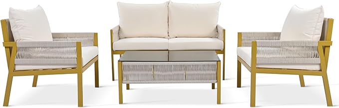 4-Piece Patio Conversation Furniture Set, Rope Weave Outdoor Loveseat Sofa with 2 Armchairs, Thick Cushion&Tempered Glass Table, for Garden Backyard, Onesize, Beige+Mustard Yellow - LeafyLoom