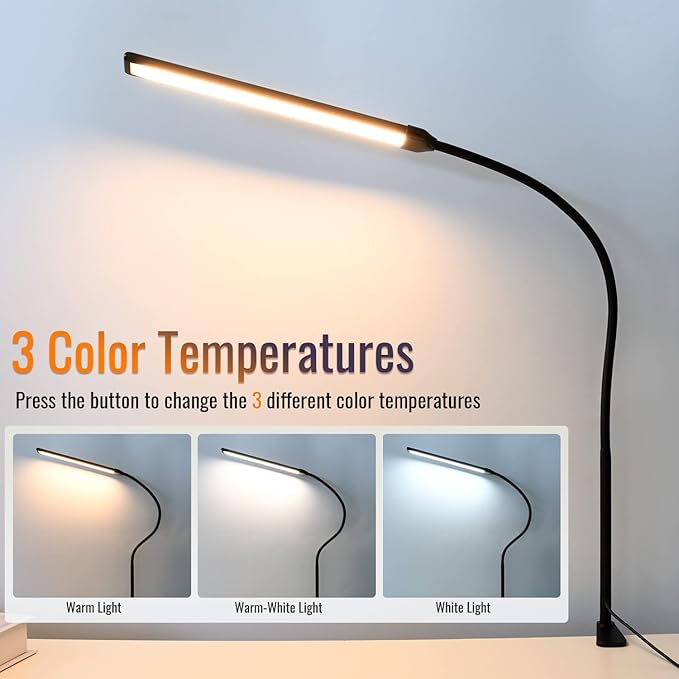 LED Desk Lamp with Clamp, Clamp Light, Tall Desk Lamp with Long Gooseneck, 11W, 850 LMS, 3 Color Modes, 10 Brightness Levels, Eye-Caring, Clip on Desk Light for Reading, Home, Office - LeafyLoom