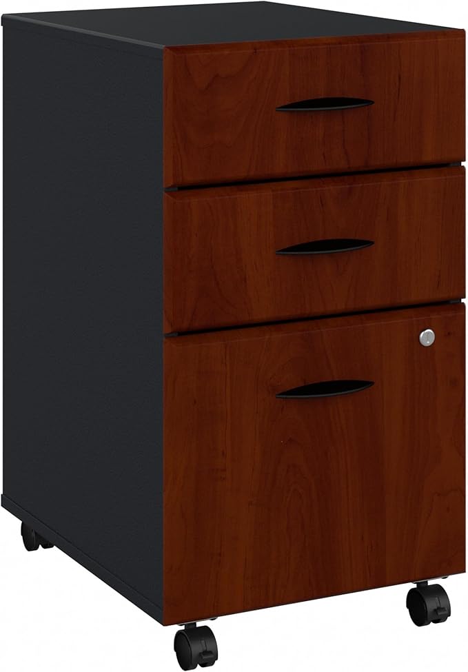 Bush Business Furniture Series A 3 Drawer Mobile File Cabinet in Hansen Cherry & Galaxy - Assembled, Rolling Document Storage for Home or Professional Office - LeafyLoom