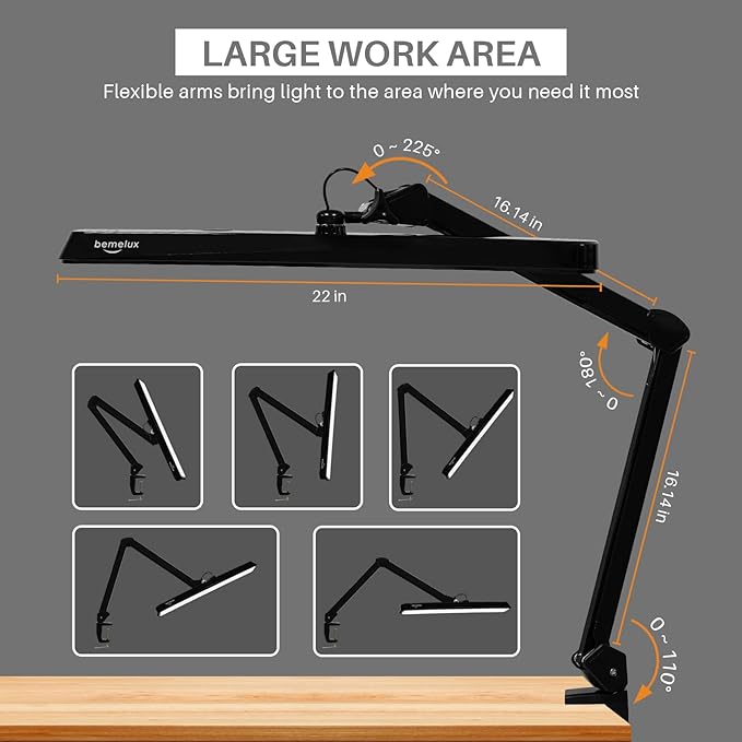 LED Architect Desk Lamp with Clamp, Metal Swing Arm 2000 Lumens Dimming Office Table Lamp for Task Work Drafting Reading Desktop, 234PCS Bright LEDs, 24W, 5 Color Temperatures Workbench Lamp - LeafyLoom