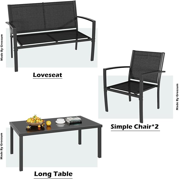 Greesum 4 Pieces Patio Furniture Set, Outdoor Conversation Sets for Patio, Lawn, Garden, Poolside with A Glass Coffee Table, Black - LeafyLoom