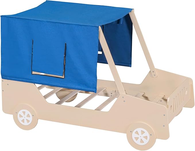 Twin Size Race Jeep Car Bed Platform Bed with Tent Canopy and Wheels,Wood Bed Frame W/Raised Bed Design,for Kids Boys Girls Teens,White+Natural - LeafyLoom