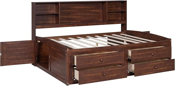 Merax Wooden Captain Bed Frame with Storage,Full Size Platform Bed with Built-in Storage Shelves,4 Drawers and 2 Cabinets,Full Size Daybed for Living Room - LeafyLoom