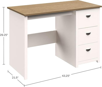 Lavish Home Traditional Desk with Attached 3-Drawer File Cabinet-for Home Office, Bedroom, Computer, or Craft Table, White and Wood Finish - LeafyLoom