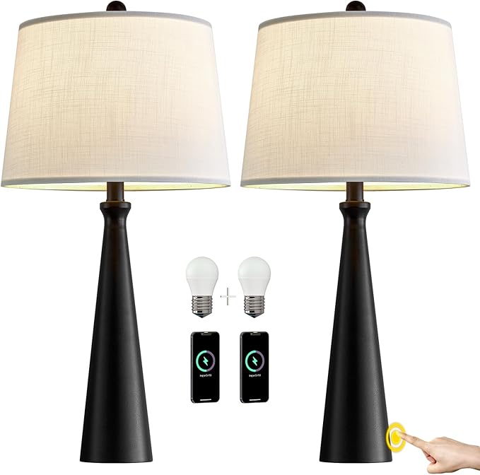 Oneach 25.75" Table Lamps Set of 2 for Living Room Bedroom, Bedside Lamp 3-Way Dimmable Touch Control, Modern Black Nightstand Light Fabric Shade Vintage Accent Style - LeafyLoom