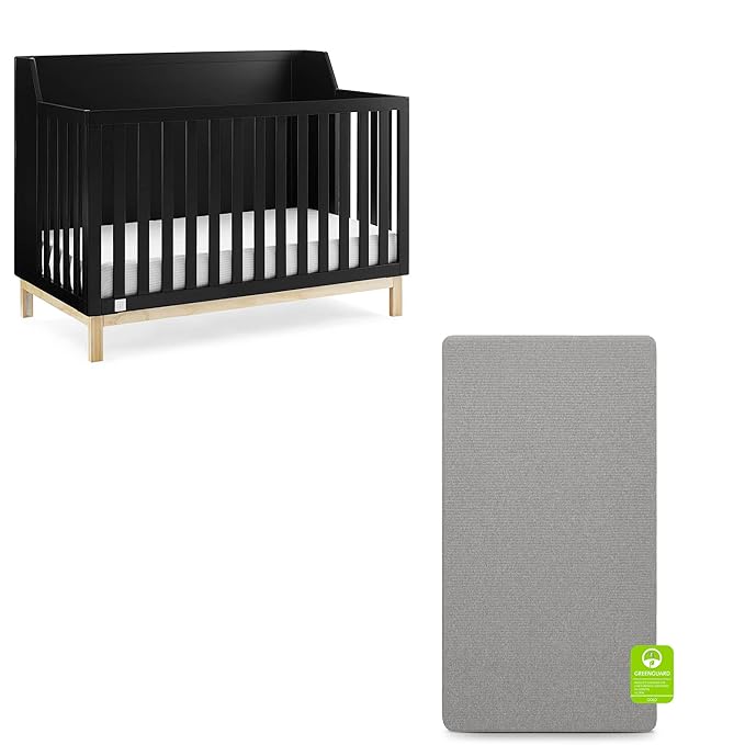 babyGap by Delta Children Oxford 6-in-1 Convertible Crib TrueSleep 2-Stage Deluxe Crib and Toddler Mattress (Bundle), Ebony/Natural - LeafyLoom