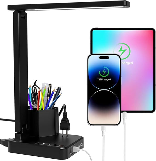 COZOO LED Desk Lamp with 3 USB Charging Ports,1 AC Outlet,2 Pen Holders,3 Color Temperatures 3 Brightness LevelsTouch/Memory/Timer Function,10W Eye Protection Foldable Reading Light,College Study Lamp - LeafyLoom