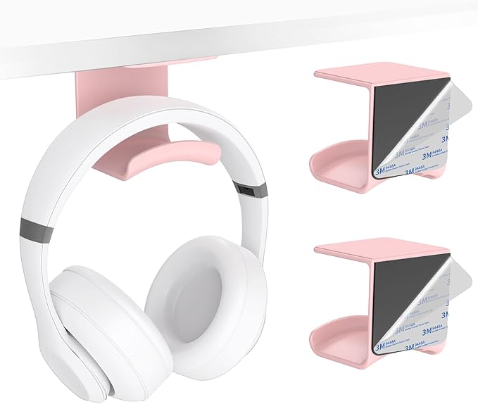 HomeMount Headphone Hook Under Desk - Headphone Holder Under Table, Adhesive Gaming Headphone Stand Hanger Desk Mount for Most Headphone(Pink-2P) - LeafyLoom