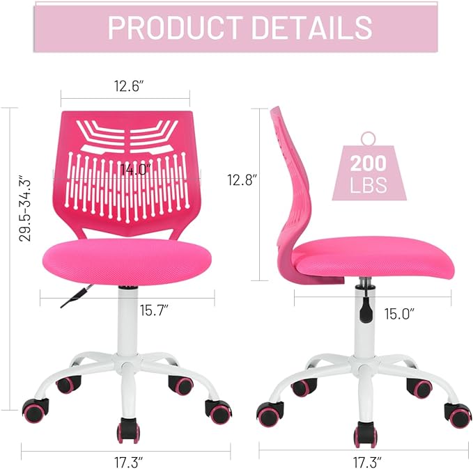 FurnitureR Desk Chair Armless Cute Home Office Desk Chair for Kids, Swivel Computer Task Chair Study Chair with Mesh Padded Cushion and Rolling Wheels for Child, Pink - LeafyLoom