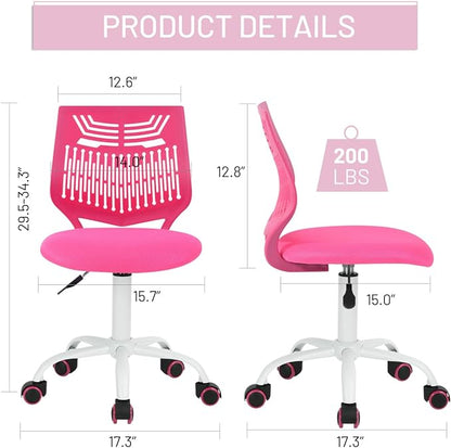 FurnitureR Desk Chair Armless Cute Home Office Desk Chair for Kids, Swivel Computer Task Chair Study Chair with Mesh Padded Cushion and Rolling Wheels for Child, Pink - LeafyLoom