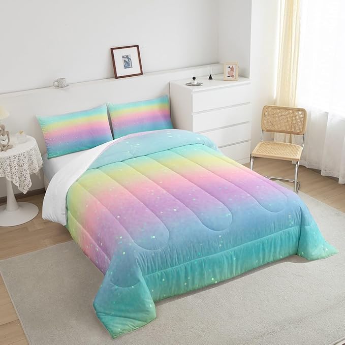 Rainbow Comforter Set King Size Tie Dye Pastel Bedding Comforter Sets for Boys Girls Kids Bedroom Decor, Glitter Galaxy Bedding Ink Pastel Printing Duvet Insert with 2 Pillowcases, Pink Blue Yellow - LeafyLoom