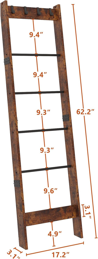 6 Tier Blanket Ladder Shelf for Living Room and Bedroom, Ladder Holder with 4 Metal Hooks, 5.2ft Blanket Quilt Holder Rack, Farmhouse Ladder Rack for Storage and Home Decor, Rustic Brown - LeafyLoom