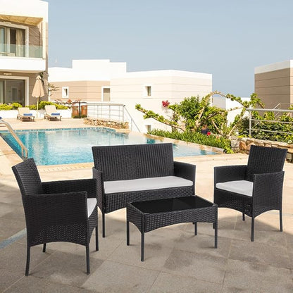 Shintenchi 4 Piece Outdoor Patio Furniture Sets, Small Wicker Patio Conversation Furniture Rattan Chair Set with Tempered Glass Coffee Table for Backyard Porch Garden Poolside Balcony - LeafyLoom