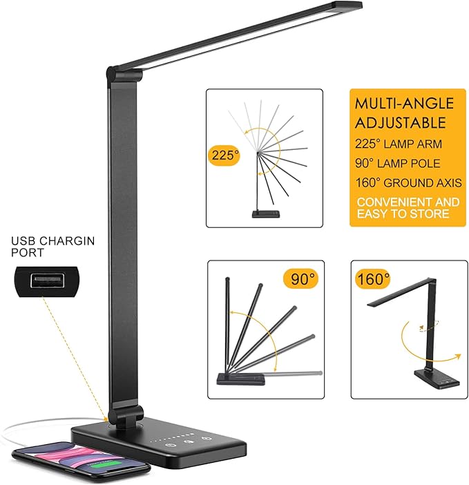 Led Desk Lamp, Desk Lamp with USB Charging Port, 5 Color Modes, 10 Brightness, Natural Light, Eye Caring Reading Lamp, Desk Light for Home Office, Table Lamp, Touch Control, Auto-Timer, Black - LeafyLoom