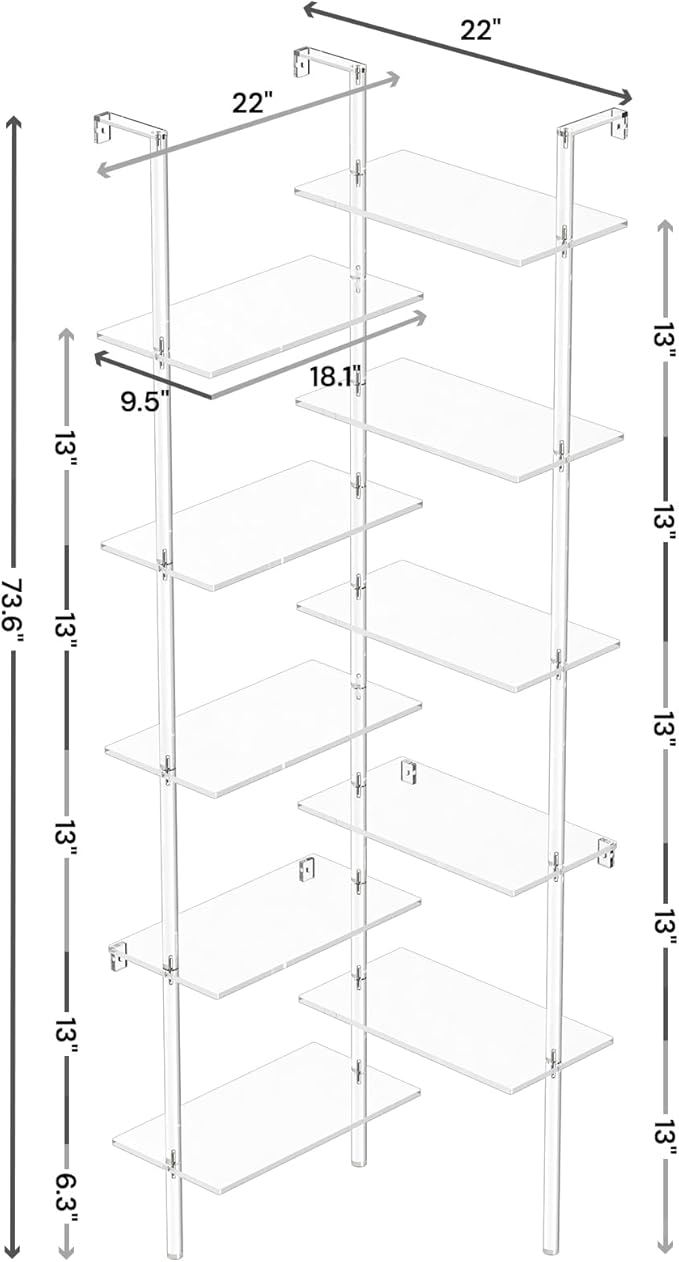 Acrylic Corner Bookshelf, Wall Mounted, 10-Tier L Shaped Bookshelf with Open Shelves, Multipurpose Clear Ladder Bookcase for Living Room, Bathroom, Office, Modern, 73.6" H - LeafyLoom