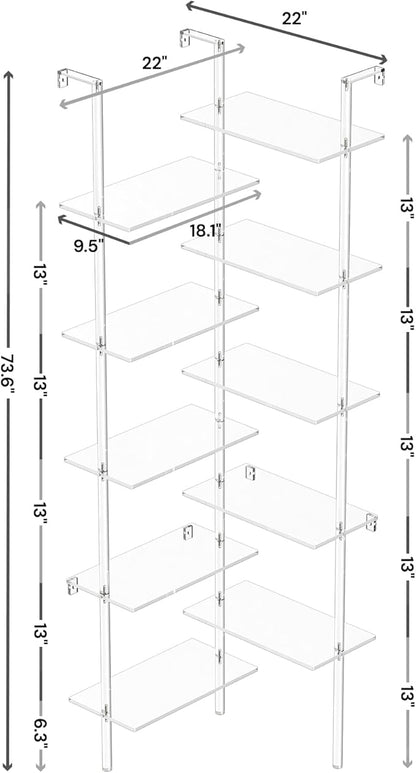 Acrylic Corner Bookshelf, Wall Mounted, 10-Tier L Shaped Bookshelf with Open Shelves, Multipurpose Clear Ladder Bookcase for Living Room, Bathroom, Office, Modern, 73.6" H - LeafyLoom