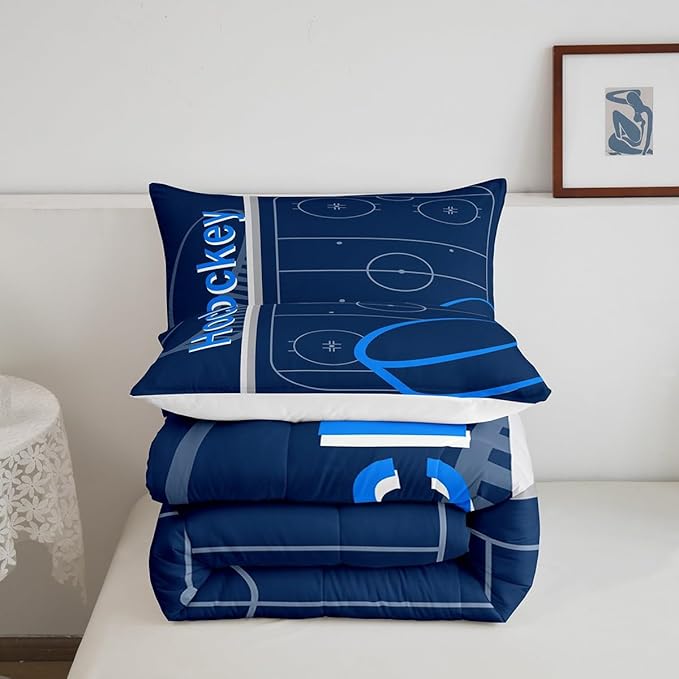 Feelyou Kids Ice Hockey Comforter Set Queen Size Ice Sports Games Bedding Set for Boys Girls Teens Bedroom Decor Hockey Player Comforter Puck Hockey Duvet Set with 2 Pillow Case - LeafyLoom