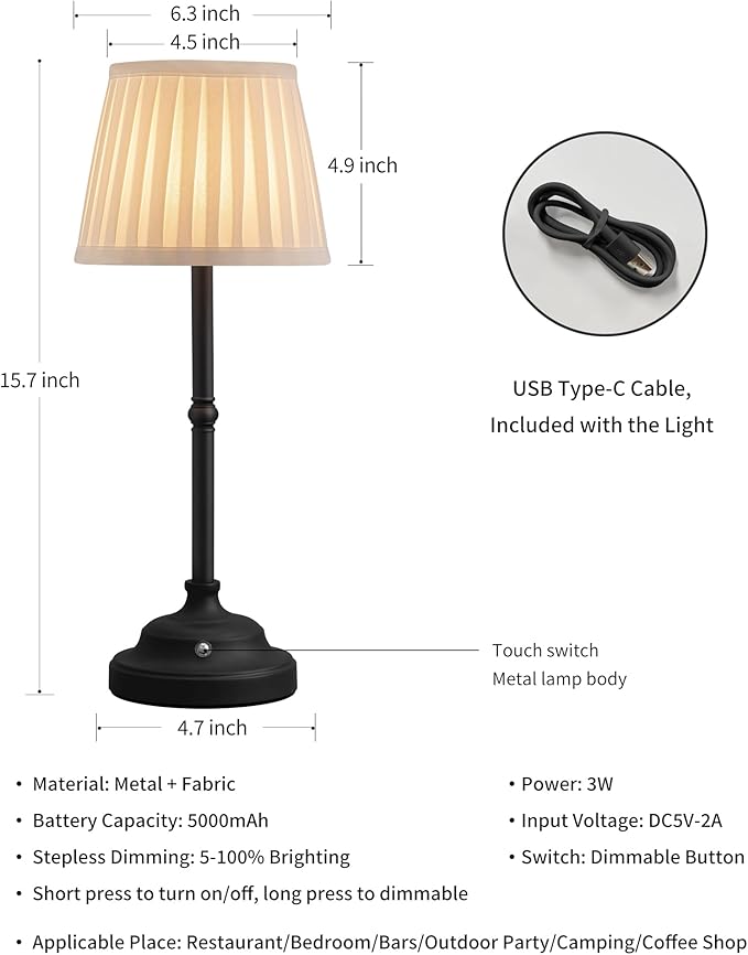 KDG Cordless LED Table Lamp Set of 2, Portables Fabric Shade Desk Lamps, 5000mAh Rechargeable Battery Powered Lighting, Dimmable Light for Dining Room, Bedroom, Bedside, Night Light, Balcony (Black) - LeafyLoom