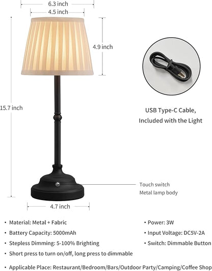 KDG Cordless LED Table Lamp Set of 2, Portables Fabric Shade Desk Lamps, 5000mAh Rechargeable Battery Powered Lighting, Dimmable Light for Dining Room, Bedroom, Bedside, Night Light, Balcony (Black) - LeafyLoom