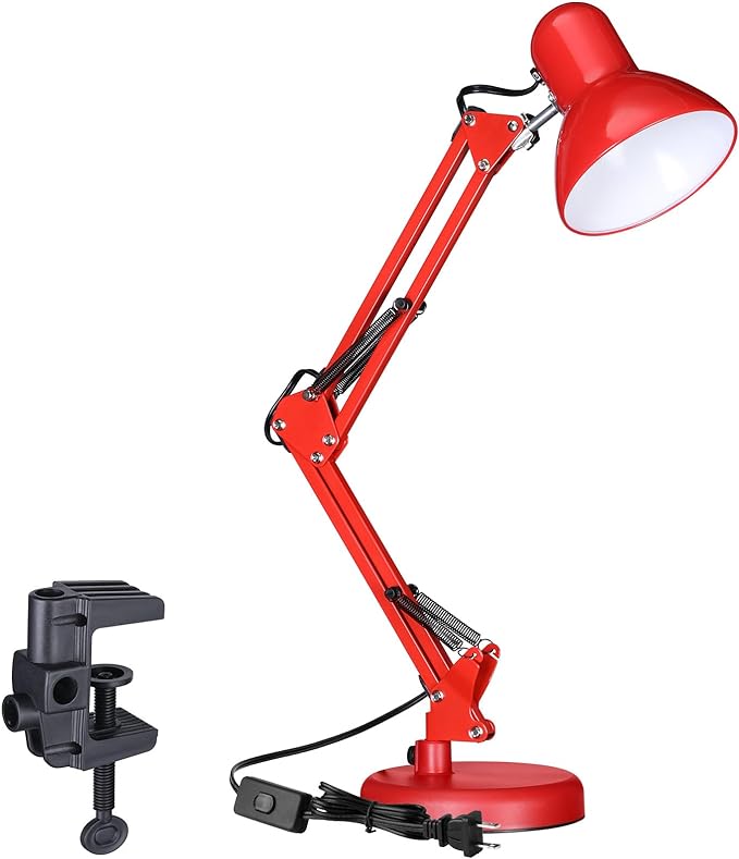 TORCHSTAR Metal Swing Arm Architect Desk Lamp with Clamp, Adjustable Gooseneck Table Lamp, Clip Desk Lights for Home Office, Work, Study, Reading, E26 Base, Multi-Joint, Red - LeafyLoom