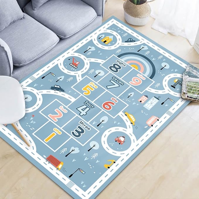 Kids Rug Play Mat, Car Rug, Hopscotch Rug, Hopscotch Mat for Kids, Can Be Used to Play with Cars Kids Carpet Play Mat,(Blue,200×300cm/79×118IN) - LeafyLoom