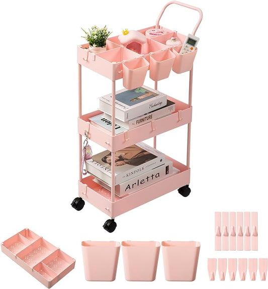 danpinera Slim Storage Cart, 3 Tier Narrow Rolling Cart on Wheels Bathroom Organizer Cart with Dividers Handle Hanging Cups Hooks for Laundry Room Kitchen Small Spaces, Pink - LeafyLoom