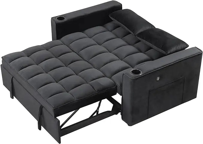 Convertible Sleeper Couch Bed, Black w/ 2 Cup Holder and USB Port - LeafyLoom