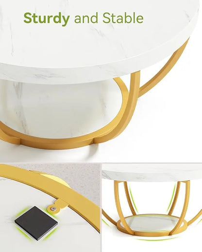 Round Coffee Table, 32" Circle Faux Marble Coffee Tables for Living Room, 2-Tier Golden Metal Legs Accent Center Table with Open Storage Modern Design Home Furniture (White and Gold) - LeafyLoom