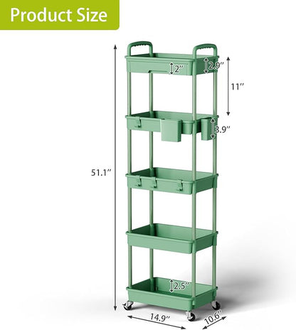 5 Tier Small Rolling Cart Organizer,Bathroom Cart Organizers with Wheels Laundry Room Organization Mobile Shelving Unit Utility Cart Storage Shelves Multi-Functional for Office, Home(Green) - LeafyLoom