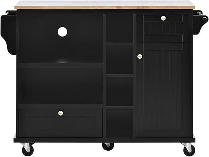 Mobile Cart with Storage Cabinet & Solid Wood Desktop, Kitchen Island on Wheels w/Adjustable Shelf and Drawer, Floor Standing Buffet Server Sideboard for Dining Room, Bar, Black, 50.8 Inch - LeafyLoom