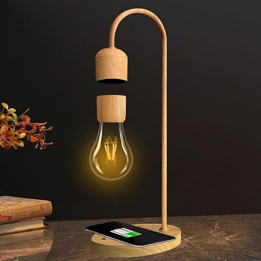 Magnetic Levitating Lamp with Wireless Phone Charging Pad Floating Light Bulb LED Night Light Wood Grain Table Lamp Levitation Desk Lamp for Office Home Decoration Christmas Gift - LeafyLoom