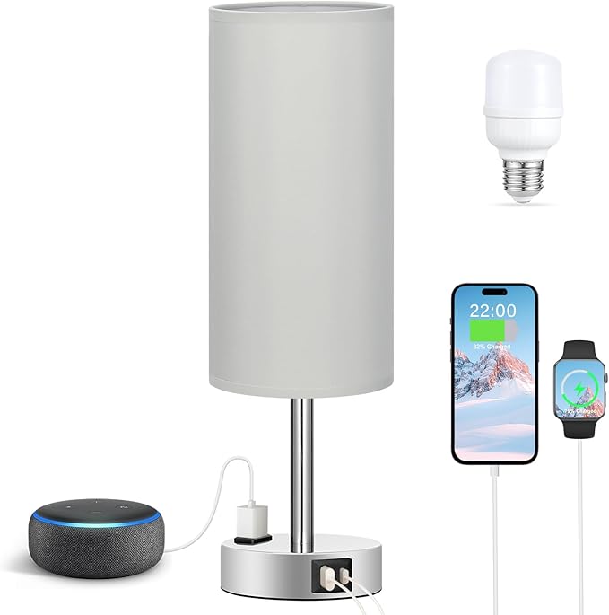 Light Grey Table Lamp for Nightstand - 3 Way Dimmable Touch Bedside Lamp USB C and A Charging Ports and AC Outlet, Small Desk Lamp with Silver Base for Office Nursery, LED Bulb Included - LeafyLoom