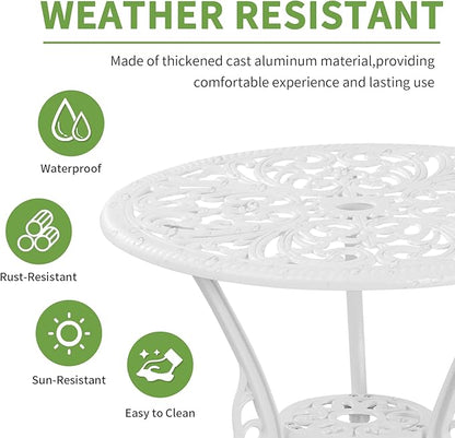 Patio Bistro Sets 3 Piece,Cast Aluminum Bistro Table and Chairs Set of 2 with 1.97" Umbrella Hole,All Weather Bistro Table Set Outdoor Patio Furniture for Garden,Yard(Butterfly White) - LeafyLoom