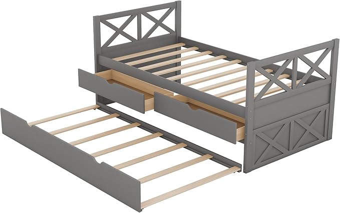 Twin Size Daybed with 2 Storage Drawers and Trundle, Solid Wood Captains Bed Frame for Bedroom and Living Room, Gray - LeafyLoom