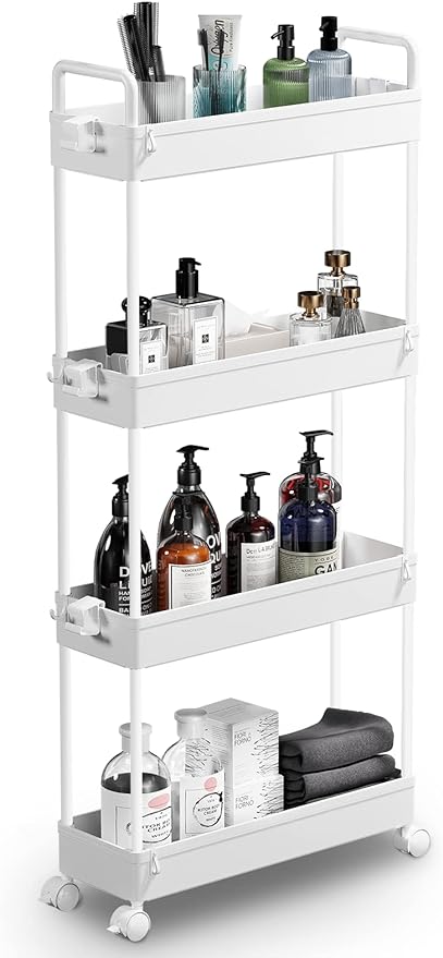 SOLEJAZZ Slim Storage Cart, 4 Tier Bathroom Organizer Mobile Shelving Unit, Rolling Utility Cart Slide Out Organizer for Kitchen, Bathroom, Laundry, Narrow Places, White - LeafyLoom