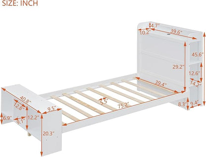 Merax Twin Size Platform Bed with Storage,Led Light and USB Ports,Kids Twin Bed Frame with Built-in Shelves and Cabinet,Kids Storage Bed Frames - LeafyLoom