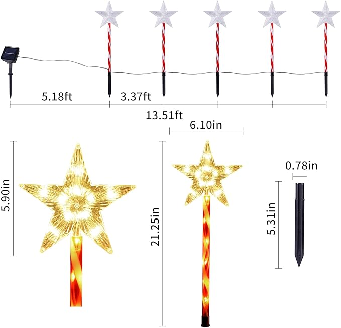 Solar Christmas Pathway Lights Outdoor Decorations, 8 Modes Star Candy Lights Waterproof Led Garden Stake Lights for Walkway Yard Lawn Porch Holiday Decor 5-Pack (Warm White Star Lights) BRIGHTDECK